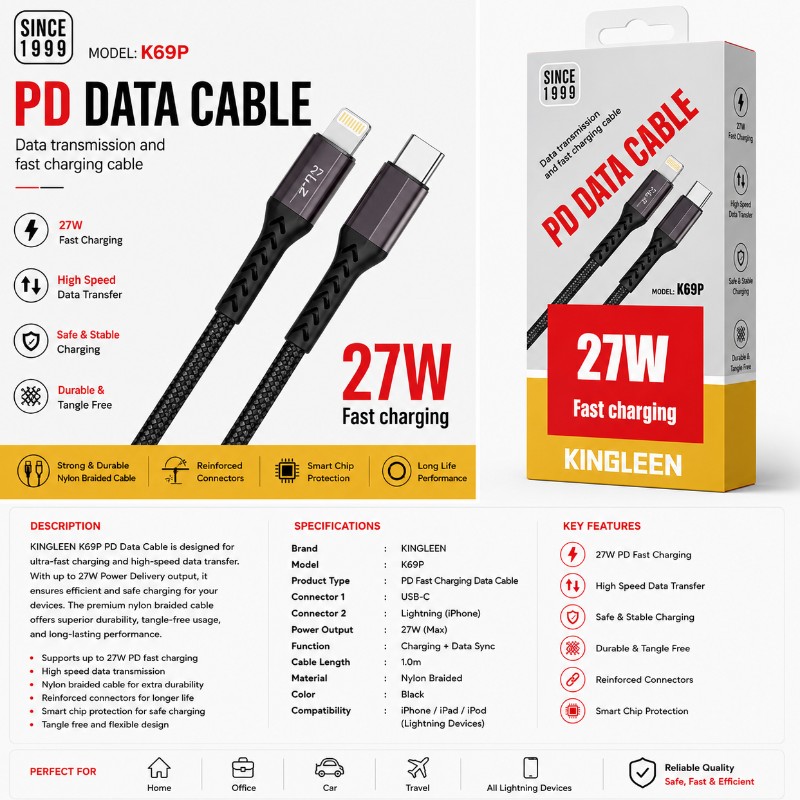 KINGLEEN K69P 27W PD Fast Charging Data Cable (USB-C to Lightning)