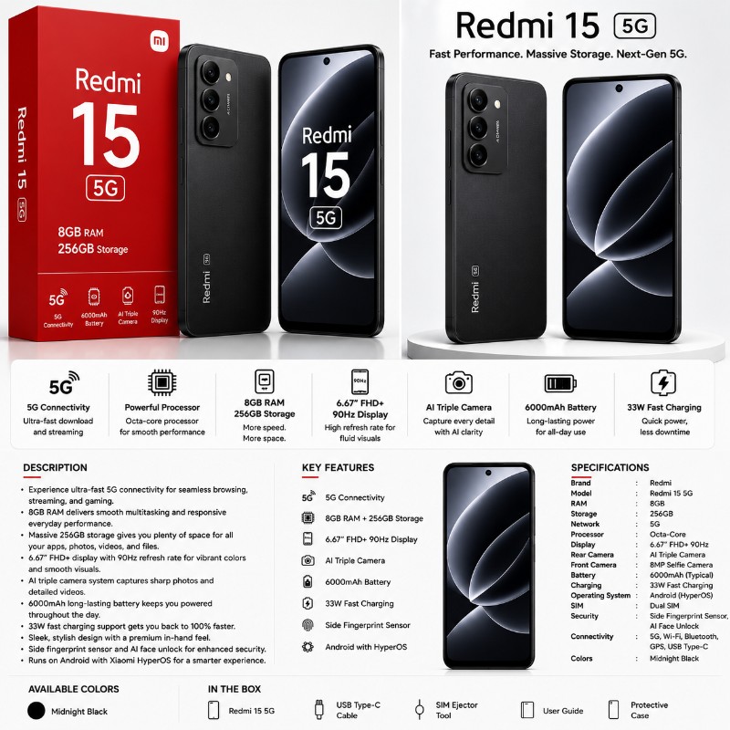 Xiaomi Redmi 15 5G NFC (8GB RAM / 256GB Storage) – Midnight Black