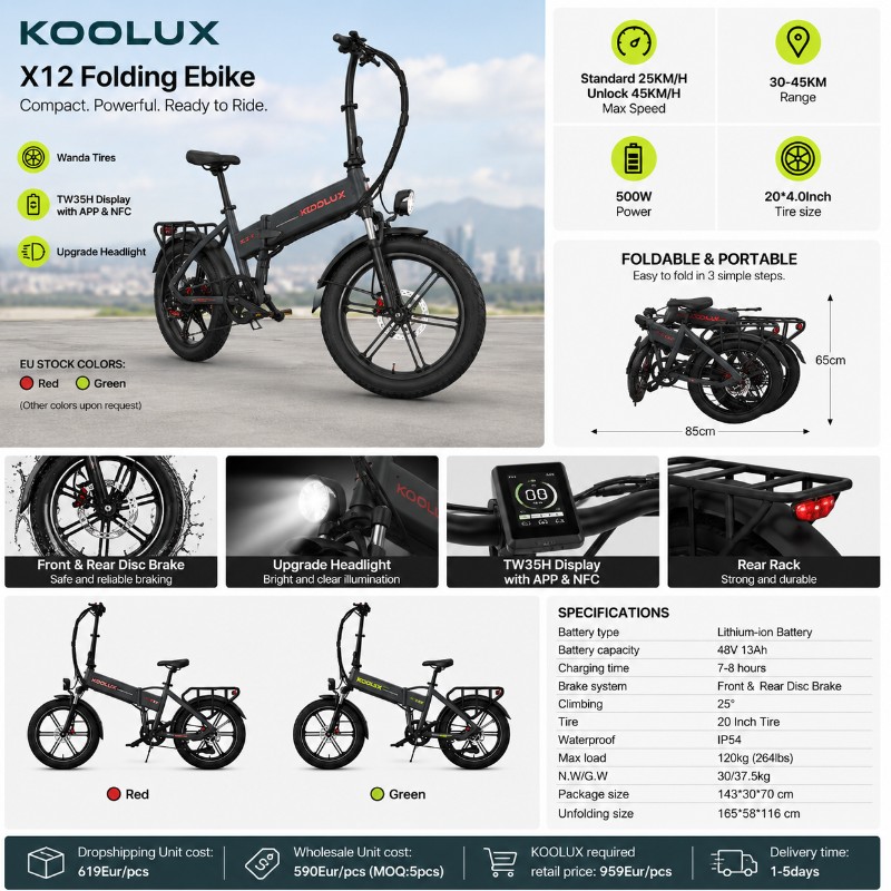 KOOLUX X12 Folding E-Bike Green