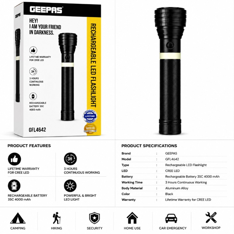 GEEPAS GFL4642 Rechargeable LED Flashlight