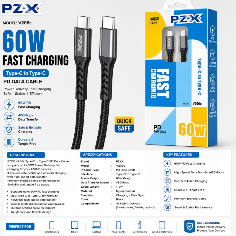 PZXX V206C 60W PD Fast Charging Data Cable (Type-C to Type-C)