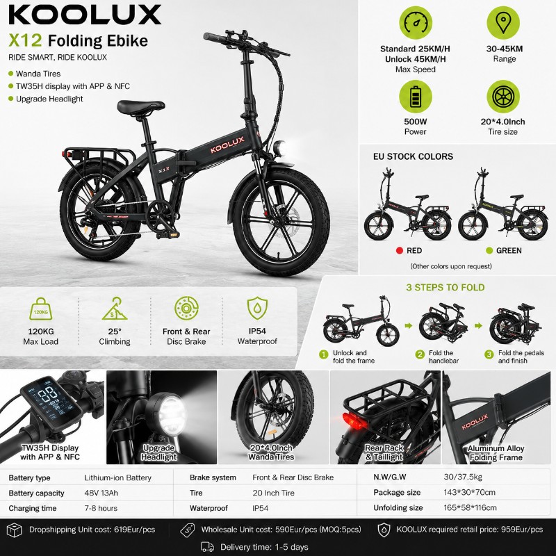 KOOLUX X12 Folding E-Bike Red