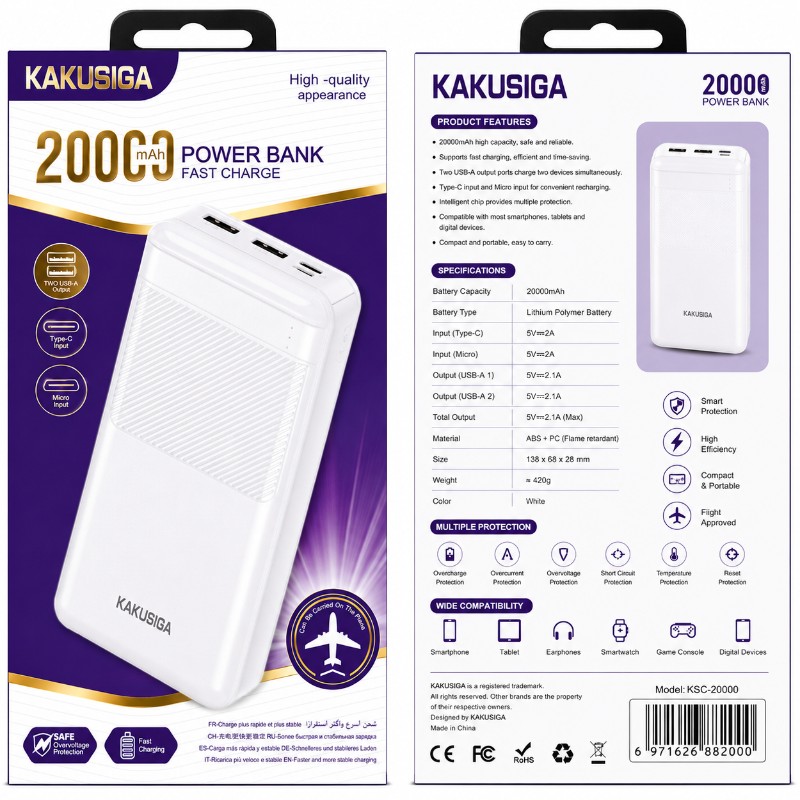 KAKUSIGA 20000mAh Fast Charging Power Bank