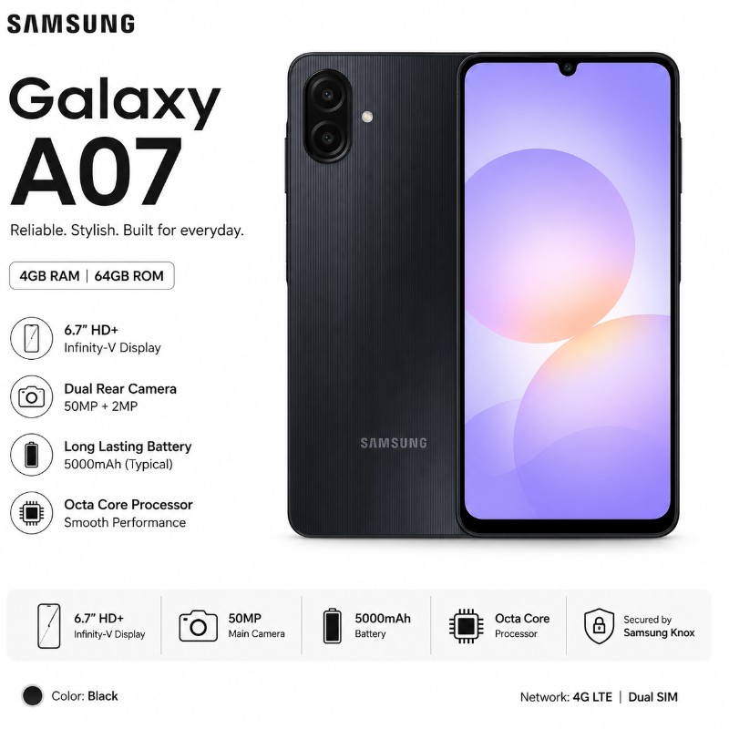 Samsung Galaxy A07 (4GB RAM / 64GB Storage) – Black