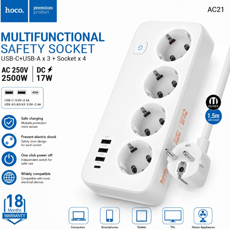 HOCO AC21 Multifunctional Safety Socket