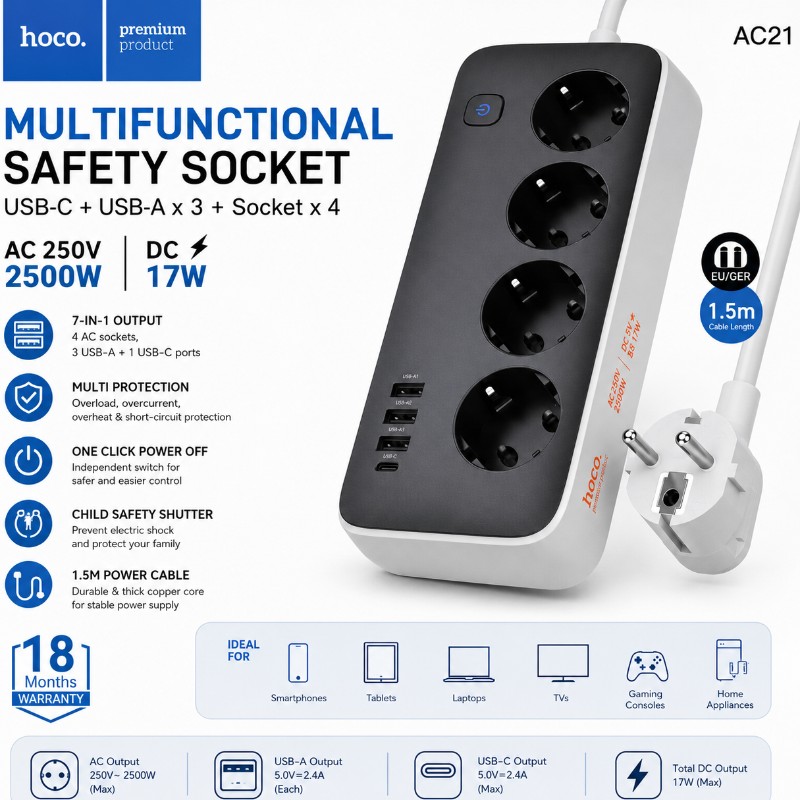HOCO AC21 Multifunctional Safety Socket (Black)